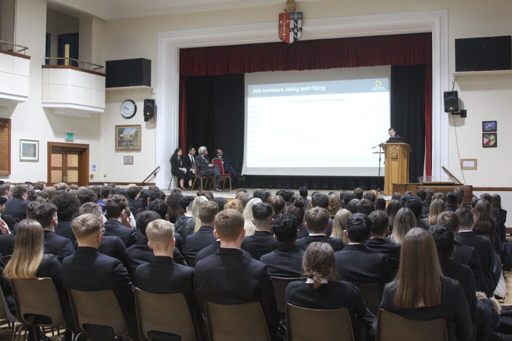 The two local leaders spoke to the entire Bishop Vesey sixth form.