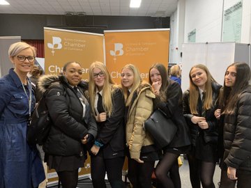 Pupils with Katie Hale, Presidents of Sutton Coldfield Chamber of Commerce, at the Former pupils Laura Thursfield and Kelly Clayton, who now work at major accountancy firm Mazars, exhibited at the Arthur Terry Careers Fair.