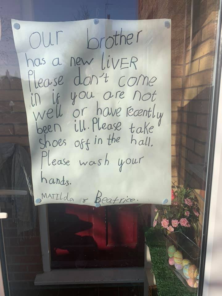 A sign on the family’s home in Sutton, created to protect Elijah by his sisters Matilda and Beatrice.