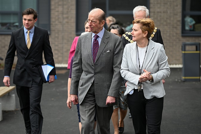 Headteacher Tracy Campbell with HRH Duke of Kent visits Plantsbrook School in Sutton Coldfield.