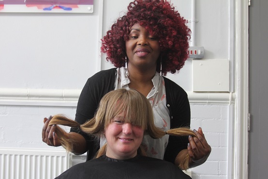 Corina Robinson with stylist Ameyo Napo before the big ‘snip’.