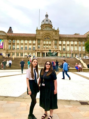 Sarah with her form tutor Lauren Murphy outside Birmingham Council House.