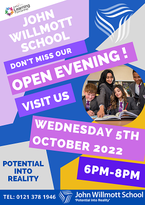 Prospective students and their families are invited to a John Willmott  open evening event next week.
