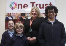 New Scotch Orchard head aims to open up school to community New Scotch Orchard head Dr Rhian Warrack with pupils Libby, Hayden and Connor.