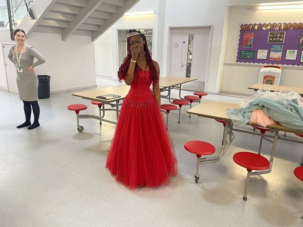 Emotional moment: A Stockland Green student tries on one of the dresses.