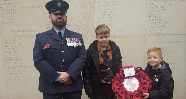 RAF man Alan Coakley with Brodie and Jax Thomas at the National Memorial Arboretum.