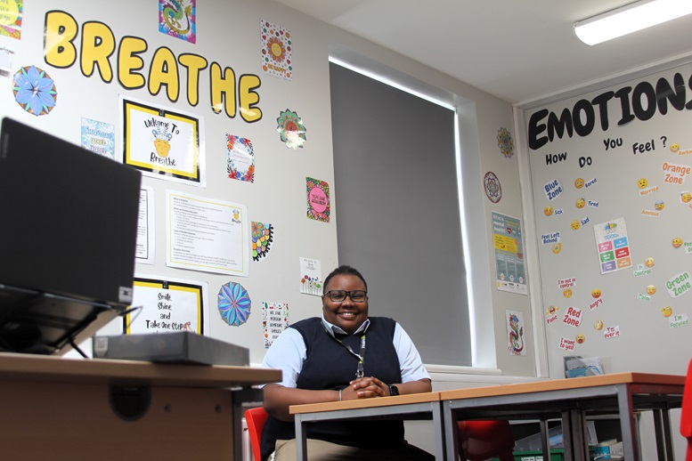 Fairfax Academy Mental Health - Siobhan in the welcoming and relaxing office where she often talks to students.