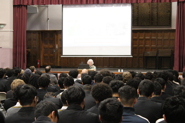 The 93-year-old survivor talking to students.