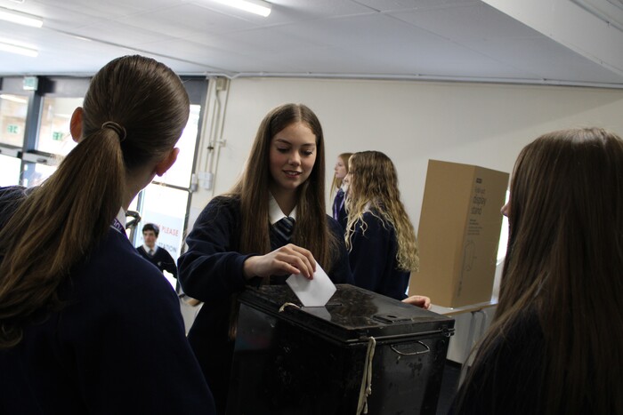 Candidate Honey Walsh places her vote into the ballot box.