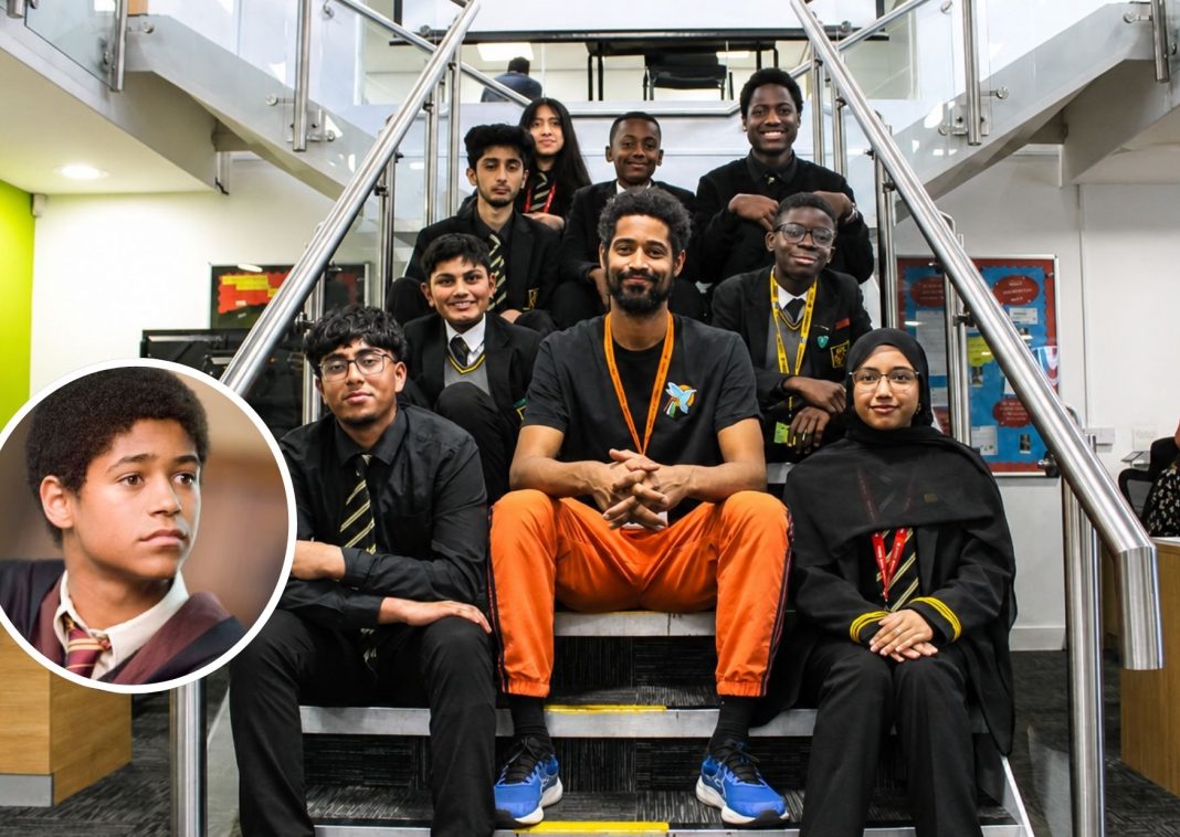 Harry Potter star visits HGS: Alfred with students from Handsworth Grammar Schools for Boys.