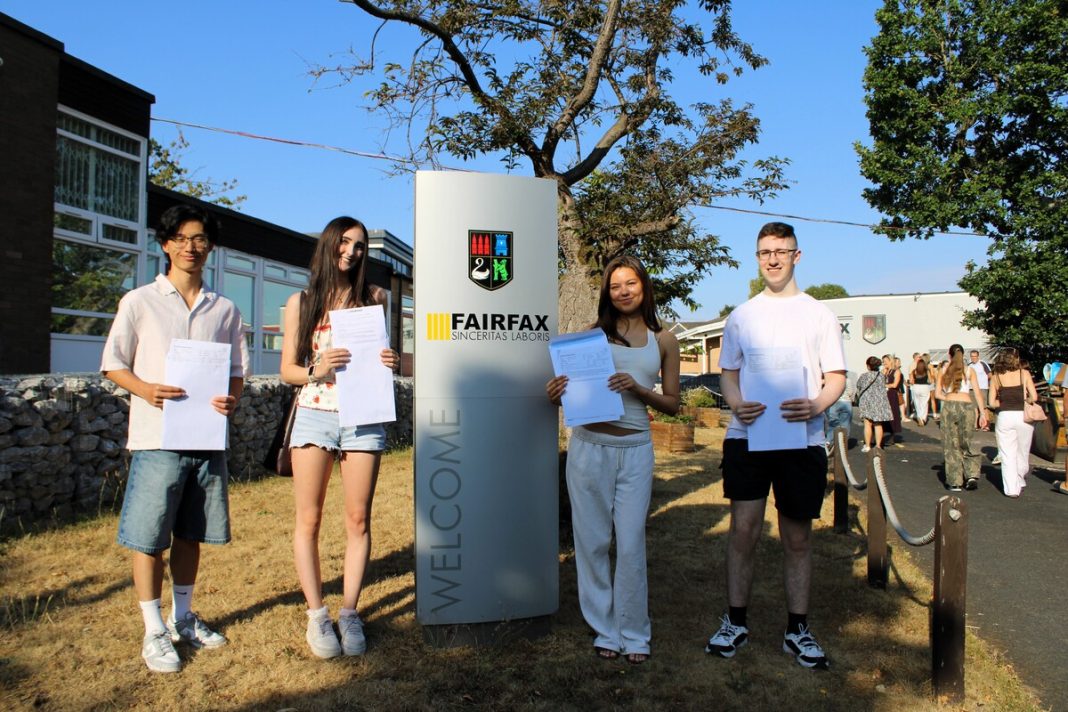 Fairfax A Levels 2026: Fairfax Academy sixth formers stand proudly with their results.